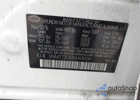 2017 Hyundai Santa Fe Sport 2.4L z USA, uszkodzony, nr VIN 5NMZT3LB2HH030741